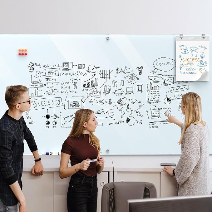 MaxGear 96" x 48" Glass Whiteboard Wall Mounted for Office Home Classroom | Magnetic Glass Dry Erase Board, Tempered Glass, Steel Backed, Non-Porous Surface, Frameless Design, Hardware Included