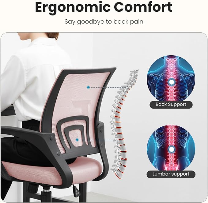 DUMOS Ergonomic Office Chair, Mid-Back Executive Desk Chair 2 Pack | Comfortable Lumbar Support, Breathable Backrest, Fixed Armrest, Height Adjustable, 360° Swivel, Computer Gaming, Pink