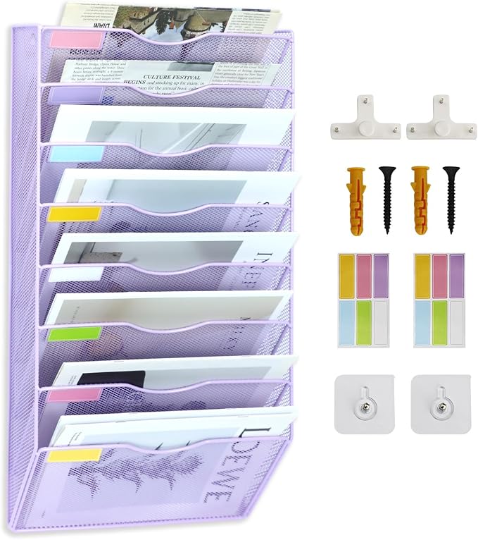 8 Pockets Mesh Wall File Holder Organizer Office Hanging File Folder Magazine Rack, Nametag Label Hooks Set Included (Purple)
