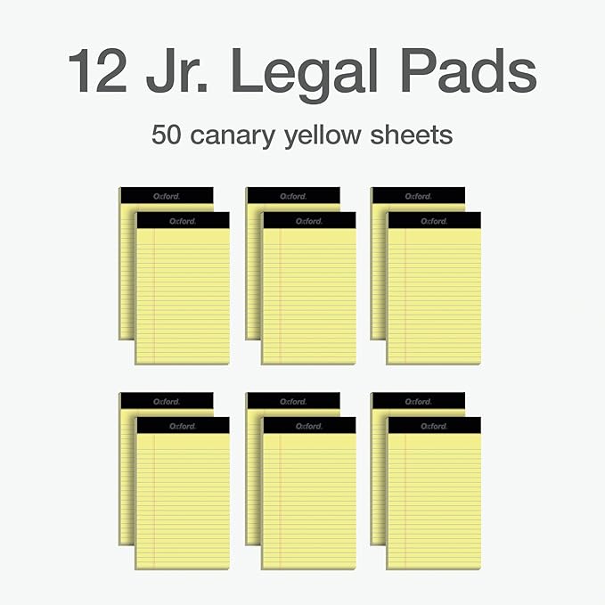 Oxford Legal Pads, Note Pads, 50 Jr. Legal Ruled 5" x 8" Sheets, Canary Yellow Paper with Firm Back, Small Portable Notepads, Proudly Made in the USA, 12 Count (Pack of 12)