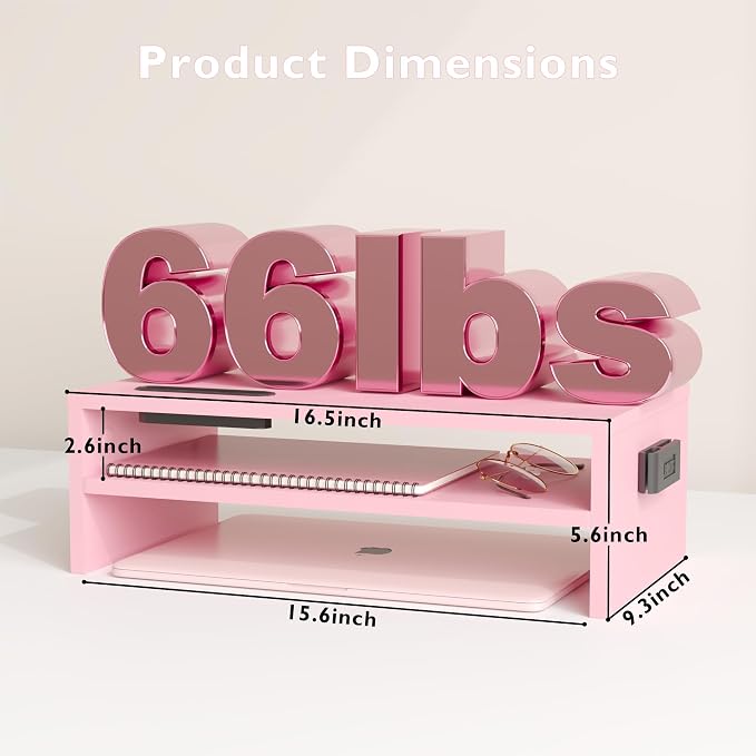 BONTEC Wooden Monitor Stand Riser for Desk, 2-Tier Computer Monitor Stand | 66 lbs Desk Shelf Organizer with Storage, Laptop & Printer Stand with Phone Holder and Cable Management, Pink, 16.5 Inch
