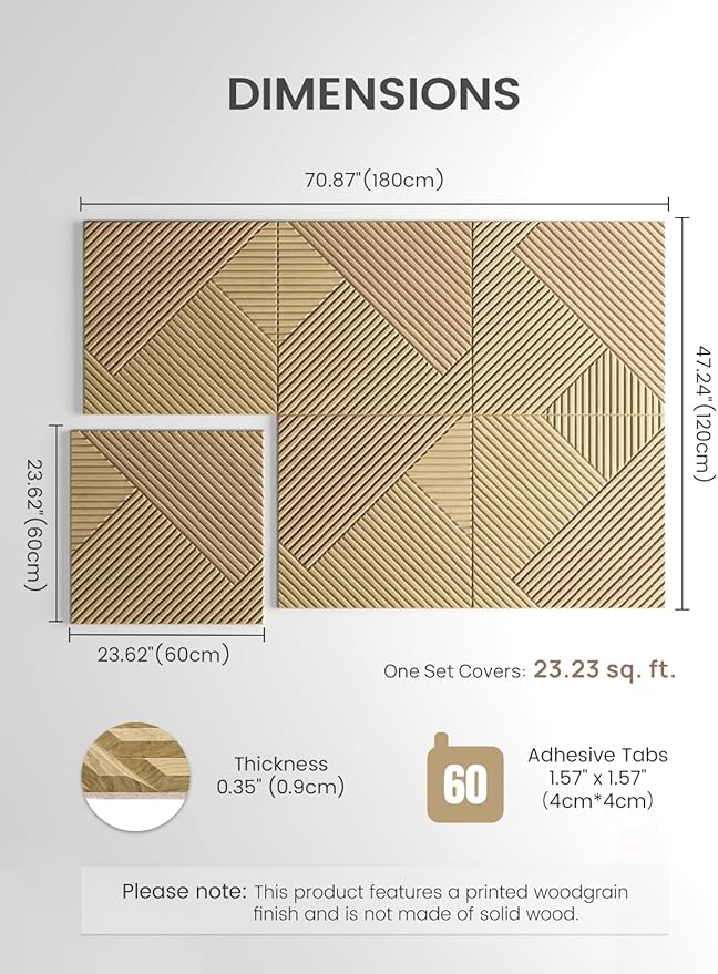 Fluxynara Large Felt Bulletin Board,Cork Board Alternative 70.87'' x 47.24'' Art Acoustical Wall Panels-6 Pack with 60 Adhesive Tabs,for Recording Studio/Home Offices-Natural Oak/Diamond Chevron
