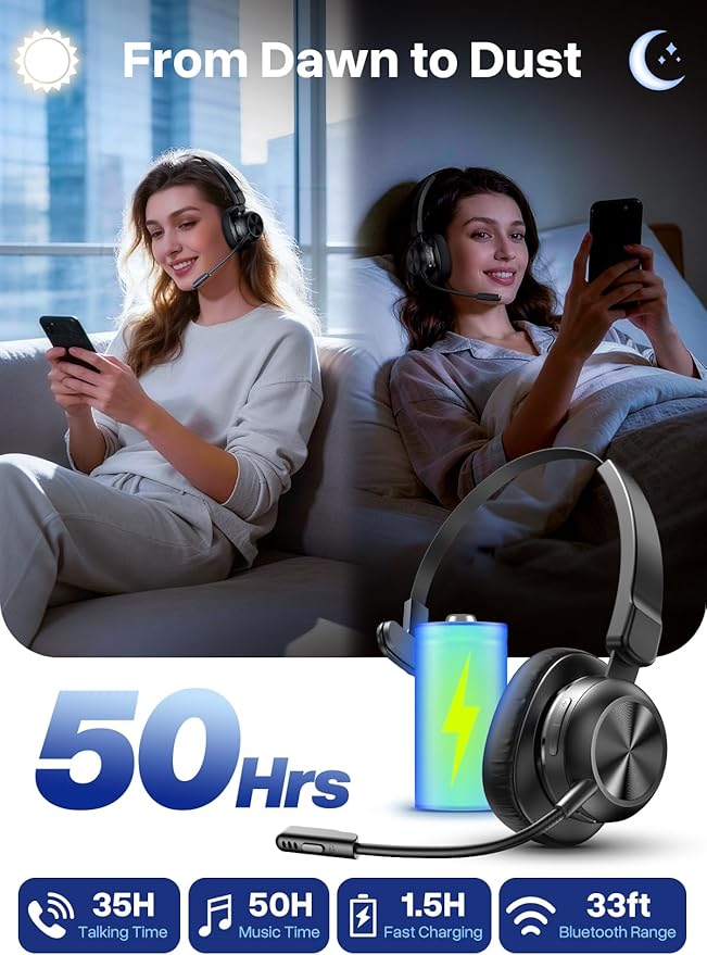 Trucker Bluetooth Headset, Wireless Headset with Microphone | USB Dongle, On Ear Bluetooth Headphones with AI Noise Cancelling 50H Playback Mute Button for Truck Driver Office Work, Black