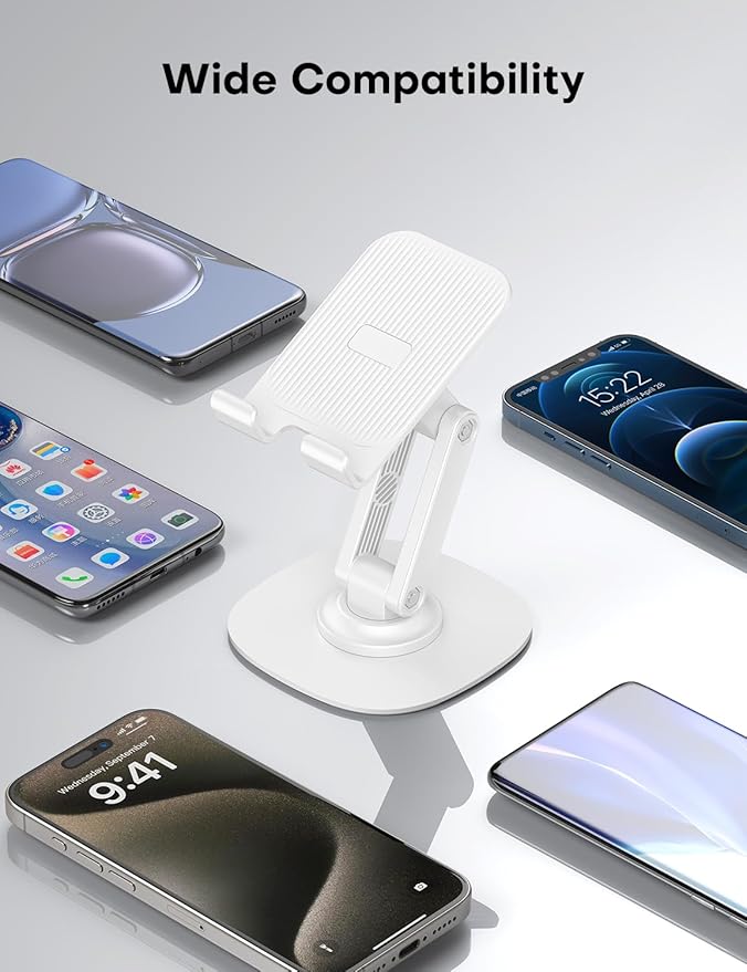OMOTON Cell Phone Stand for Desk, 2 Pack Adjustable Foldable Phone Holder, 360 Swivel Mobile Stand Fit for iPhone 17 16 15 14 13 Pro Max and All Smart Phones, White & White