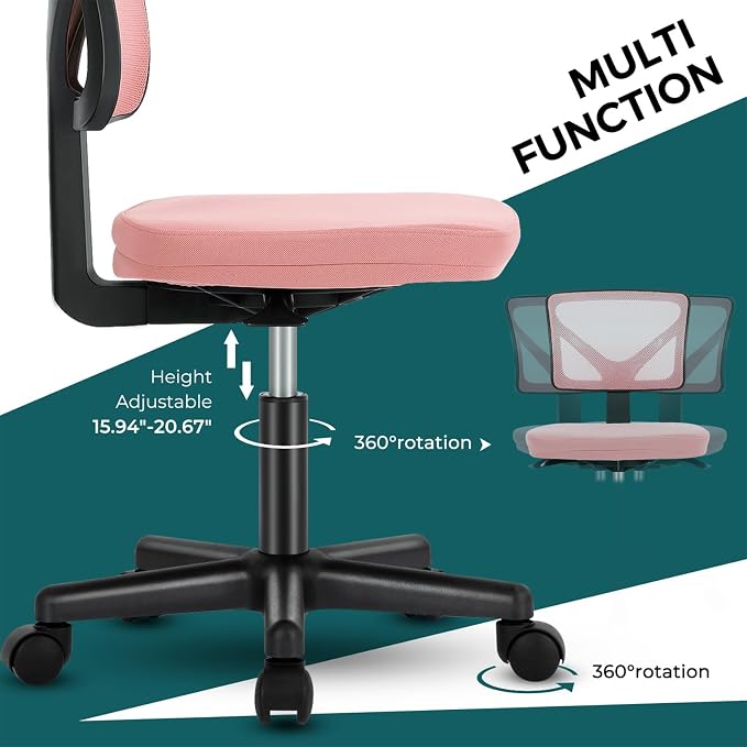 DUMOS Armless Desk Chairs, Small Home Office Mesh Chairs | Ergonomic Adjustable Mid Back, Swivel Rolling Task, Computer Work Vanity Small Spaces, Pink