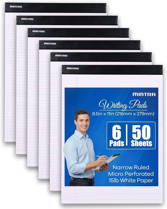 Mintra Office White Legal Pads – Ruled Notepads and Micro-Perforated Sheets, Ideal for Writing, Note-Taking & Creativity, Office, or Professional Use, Basic Pad 6 pack, 8.5"x11" (Narrow Ruled)