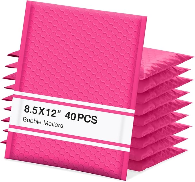 UCGOU Bubble Mailers 8.5x12 Inch 40 Pack Usable Size 8.5x11 Inch Hot Pink Padded Envelopes Medium Waterproof Packaging Bags for Shipping Self Seal Strong Adhesive Envelope for Jewelry Makeup Supplies