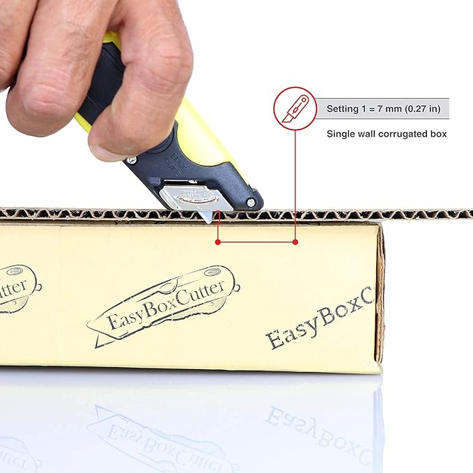 Modern Box Cutter, extra tape cutter at back, dual side edge guide, 3 blade depth setting, 2 blades and holster - Yellow Color 2000 STD