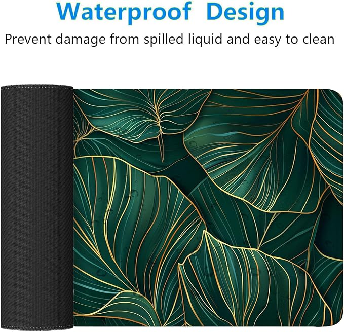 Green Leaves Desk Mat Gaming Mouse Pad Gold Tropical Palm Leaves Large Gaming Mouse Mat with Stitched Edges,Non-Slip Waterproof Rubber Base Mous Mat Office Computer Keyboard Laptop Home 31.5"x11.8"