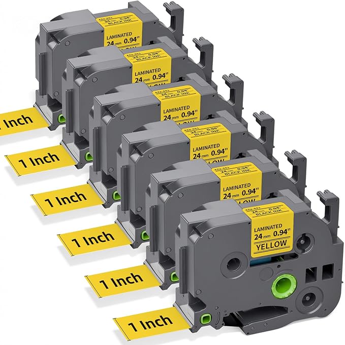 TZe-651 Compatible with Brother Label Maker Tape 24mm 0.94" Yellow TZ Tape | Compatible P Touch TZe Laminated Black on Yellow for PT D600 D610BT P710BT P750W P700 P900W, 1 Inch x 26.2 feet, 6-Pack