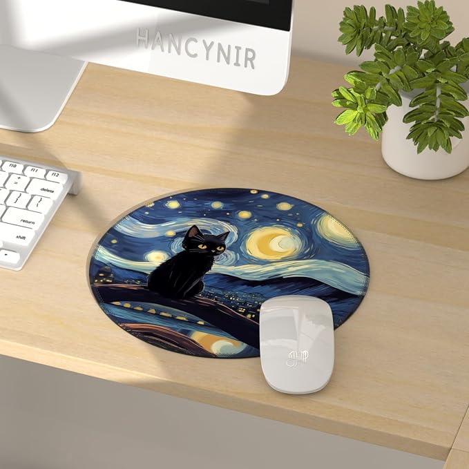 Hancynir Black Cat Round Mouse Pad, Small Mousepad for Laptop Desk Office | Mouse Mat for Computer, Non-Slip Rubber Base, Office Desk Decor, Gifts for Work Coworker Teacher, 8.6 Inch, Stitched Edges