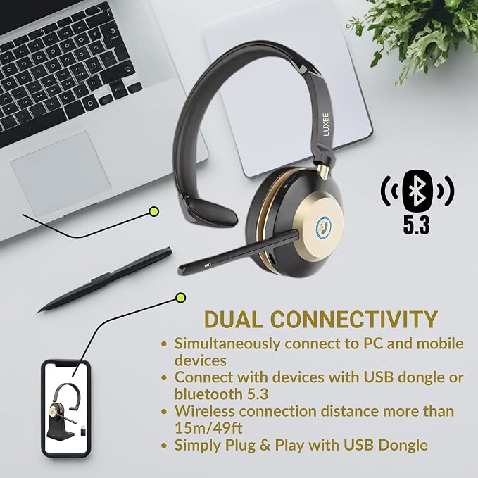 LUXEE Bluetooth Wireless Headset with Microphone for Work - Single Ear Computer Headset with USB Dongle & Charging Base, Noise Canceling Office Headset for Laptop, Zoom, Audifonos con Microfono