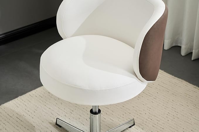 VINGLI Cute Small Swivel Desk Chair Comfy no Wheels,Ergonomic Low-Back Lumbar Support Vanity Nail Tech Computer Task Stool Chair for Home Office,Height Adjustable,PU Leather White&Suede Khaki