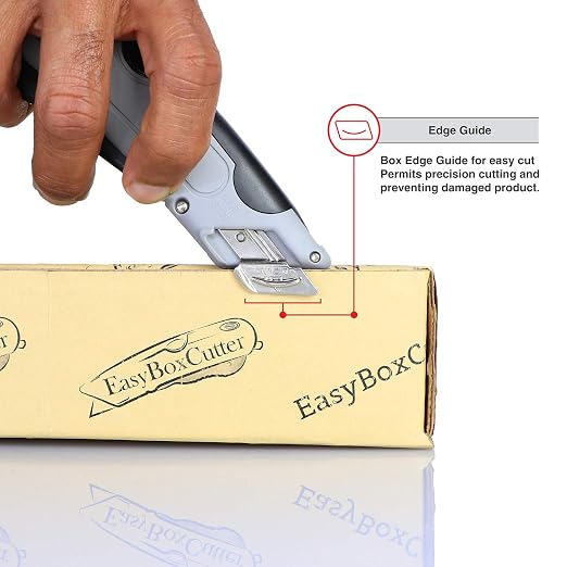 Modern Box Cutter, auto Retract, Blade Vanishing Technology, Extra Tape Cutter at Back, Dual Side Edge Guide, 3 Blade Depth Setting, 2 Blades and Holster - Grey Color 4000