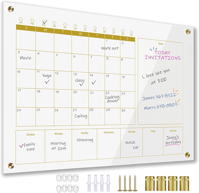 Glass 3-1 Golden Monthly Dry Erase Calendar Whiteboard for Wall,20"x 30",Frameless Mounting,Office/School/Home, Frameless Large Planner White Board