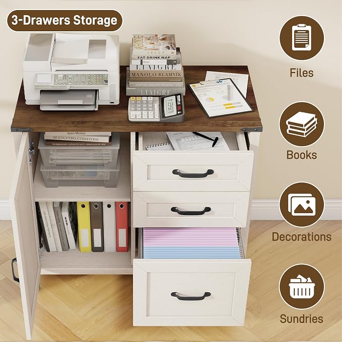Befrases Farmhouse Lateral Filing Cabinet, Lateral File Cabinet with 3 Drawers and Storage Cabinet, Wooden Printer Stand with File Drawer for Letter/A4 Size Hanging File for Home Office, Rustic White