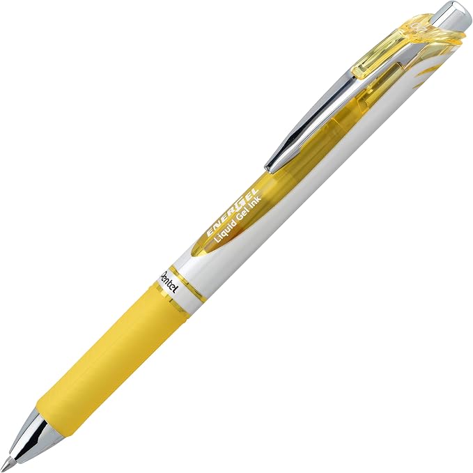 Pentel EnerGel RTX Retractable Liquid Gel Ink Pen, (0.7mm) Medium line, Yellow Ink, Box of 12 Pens (BL77-G)