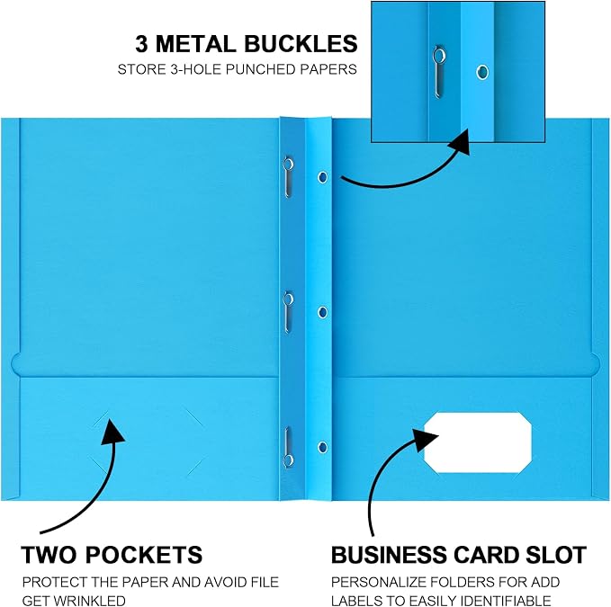 5 Color Folders with Pockets and Prongs, 2 Pocket Folders with 3 Fasteners | 5 Pack, Heavy Duty Paper Pocket Folders, for 8.5" x 11" Paper, School, Office, Home, 5 Assorted Colors