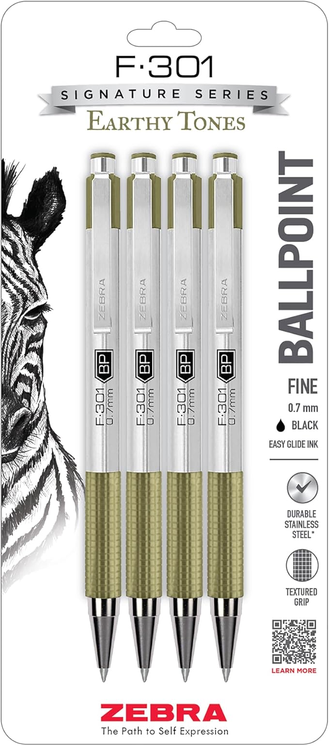 Zebra Pen F-301 Signature Series Ballpoint Pen, Black, 0.7mm, 4-Pk (27244) | Stainless Steel Barrel, Easy-Glide Ink, Sage Earth-Tone Barrel Accents, Fine Point Tip, Ideal for Planners & Note-Taking