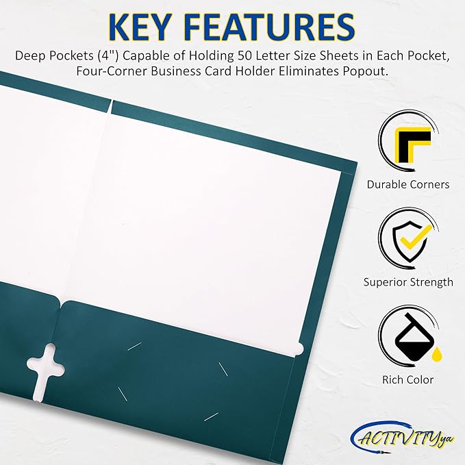 10 Pack Two Pocket Folders, Teal, Strong Thick Paper Folders, for Letter Size, by ACTIVITYya