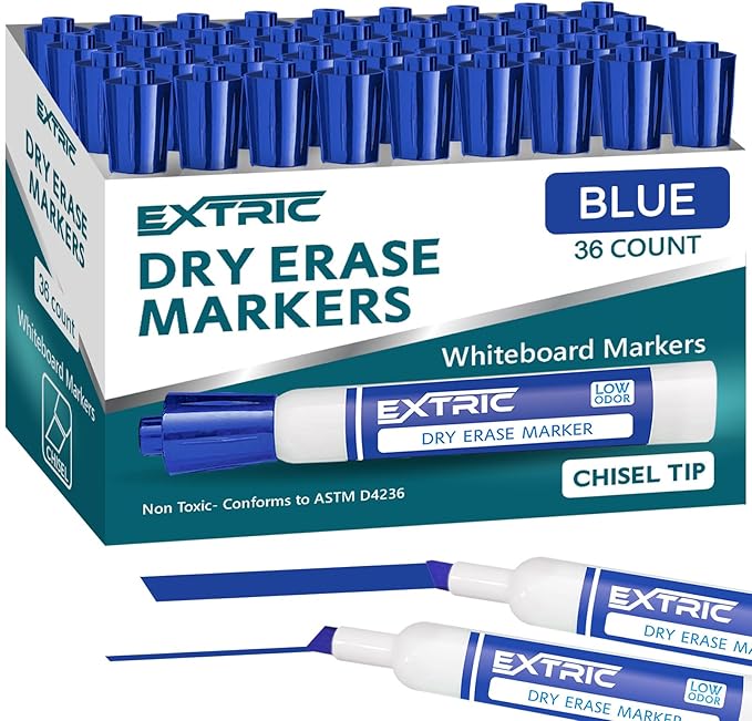 EXTRIC Blue Dry Erase Markers Chisel Tip, 36 Count Whiteboard Markers, Chisel Tip Dry Erase Marker Bulk Classroom Pack White Board Marker for Teachers and Students