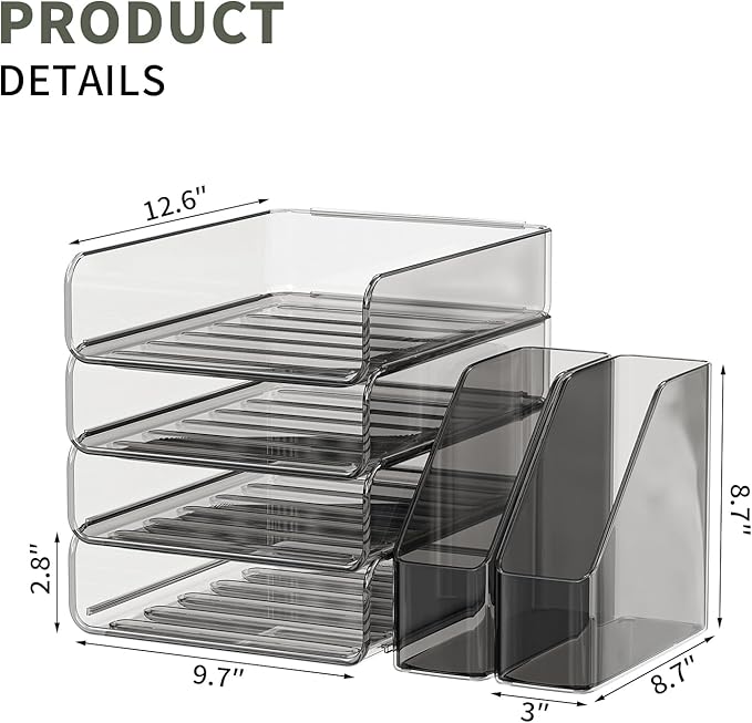 4-Tier Acrylic Paper Tray Organizer with Bookends | Clear Stackable Desk Organizer for Documents, Letters, A4 Paper | Modern Office/Classroom/Home Organization,Brown