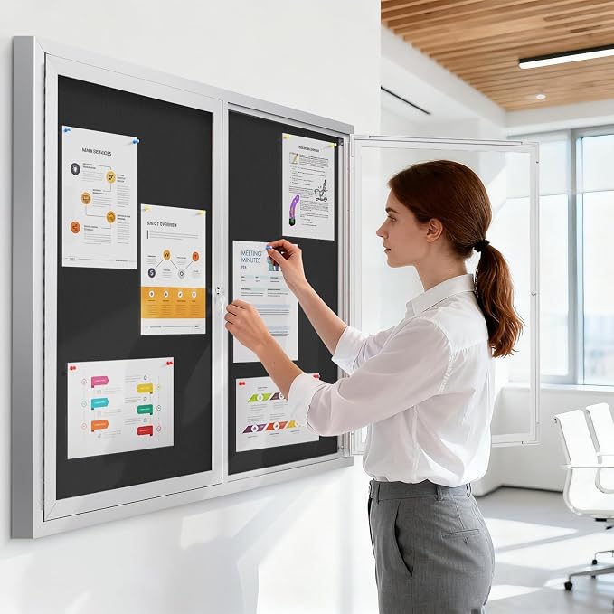 SWANCROWN 48x34 in Outdoor Bulletin Board Black Felt Board, Alu Frame | Locking, Weatherproof, Shatter Resistant, Silver Aluminum Frame, Message Board for Office School Business Community
