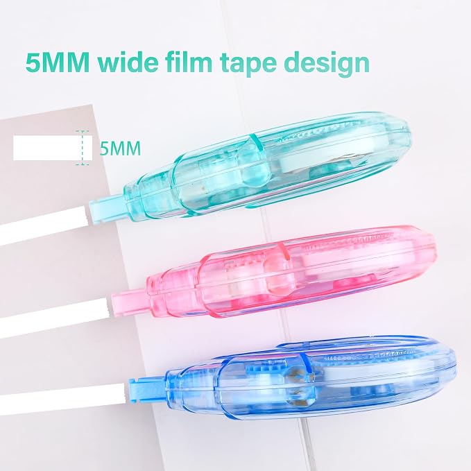 Vobou White Correction Tape Dispenser, Easy To Use Applicator for Instant Corrections, For school, Office (Blue,Green,Pink, 12pack, 6M/256, Tape Width 0.2in)
