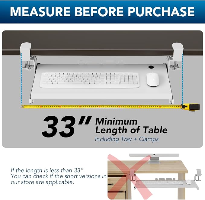 Keyboard Tray Under Desk Pull Out with Extra Sturdy C Clamp Mount System, 27.3 (32.5 inch Including Clamps) x 11 Inch Slide-Out Platform Computer Drawer for Typing White AX01WW01