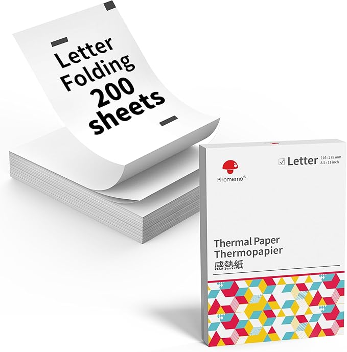 200 Sheets Phomemo Thermal Paper 8.5'' x 11'', US Letter Size Fold Thermal Paper Compatible with M832D M832 M834 M835 M833 M836 M08F-Letter Portable Printer