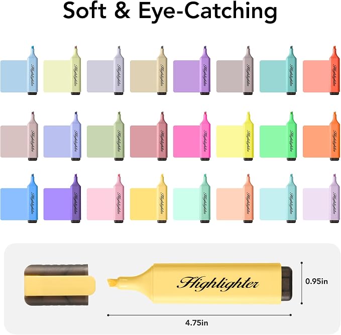 Mini Highlighters, 24 Assorted Quick-Dry Chisel Tip Marker Pens | 6 Bright & 18 Pastel Colors | Water-Based for Studying, Journaling & Office