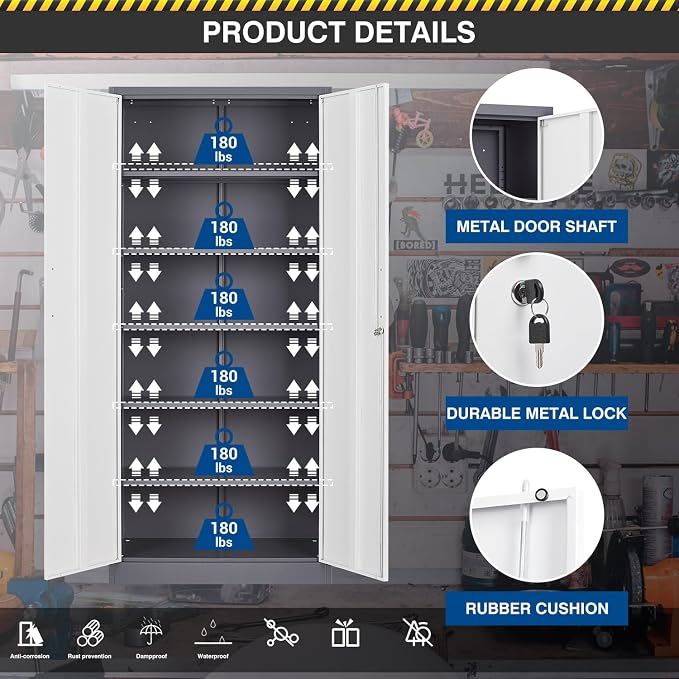 Fesbos Metal Storage Cabinet-72” Tall Steel File Cabinets with Lockable Doors and 5 Adjustable Shelves-Gray&White Steel Storage Cabinet for Home, School, Office, Garage