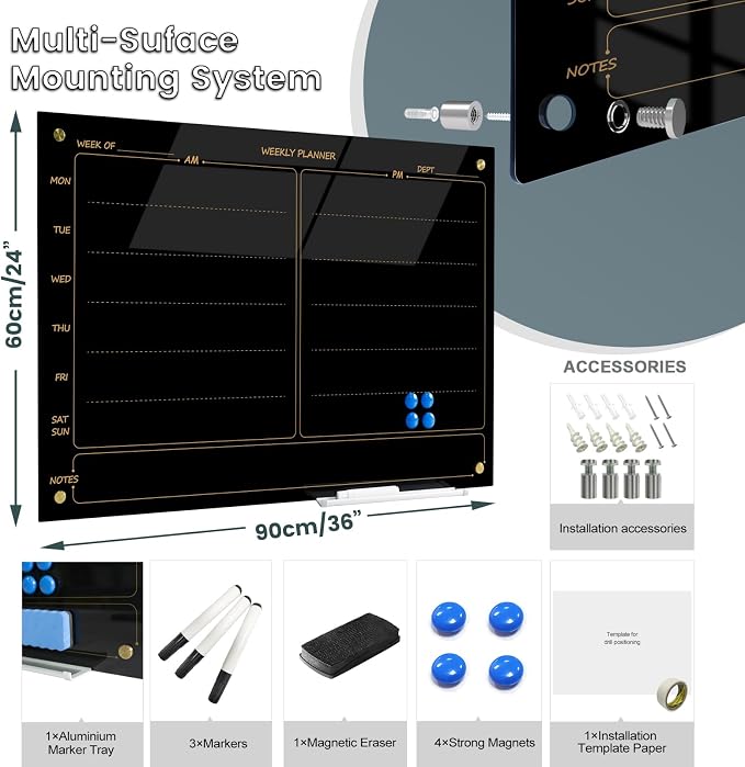 Glass Whiteboard 24"X36" Weekly Calendar Blackboard Magnetic Planner WritingBoard Dry Erase Board Frameless White Board for Office School Home Tray, 3 Marker,4 Magnets and 1 Eraser