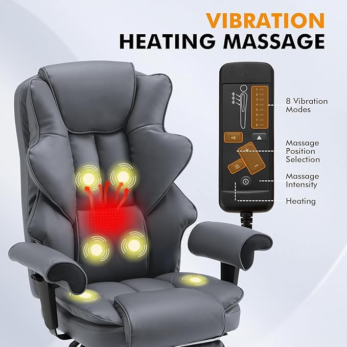 6-Point Massage Executive Chair,Heat Office Chair,Ergonomic Home Office Desk Chairs with Retractable Footrest and Reclining Function,Leather Computer Chair with Adjustable Armrest(‌Grey)