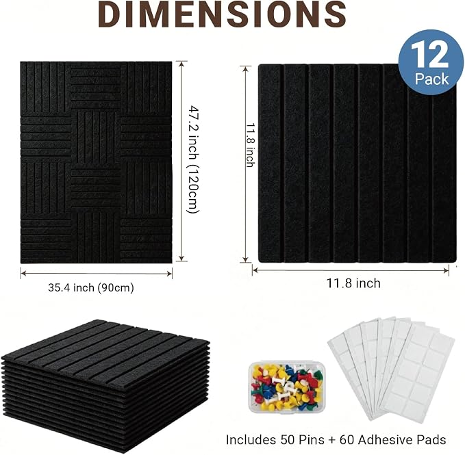 48" x 36" Large Felt Bulletin Cork Board 12PCS 60 Adhesives 50 Pushpins | Bulletin Board Pin Board, Sound-Dampening Damage-Free Mounting, Dorm Essential Wall Decor for Home & Officice, Black