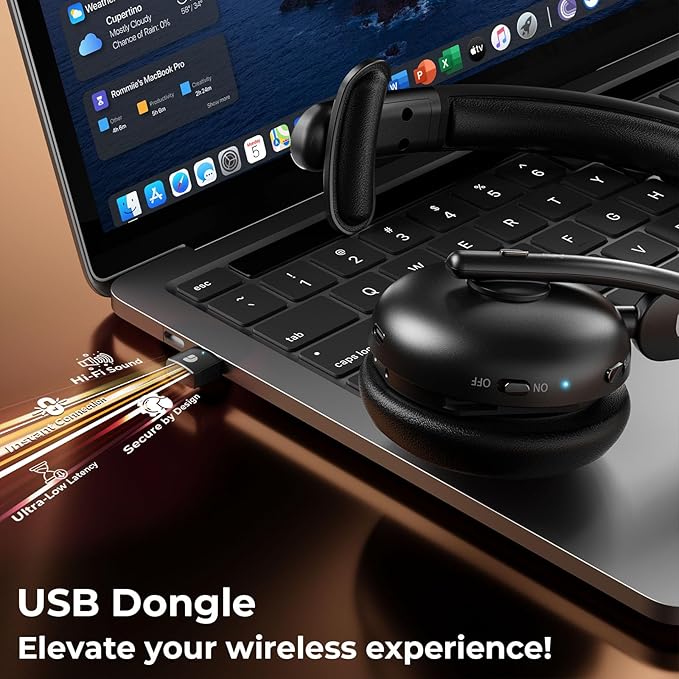 Wireless Headset with Mic for Work, Bluetooth Headset with Mic, AI Noise Cancelling, 65H Battery & Mute Function, Single-Ear Wireless Headset & USB Dongle, Fit for PC/Laptop/Teams/Call Center