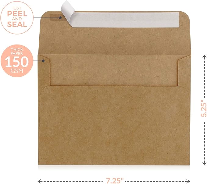 Sweetzer & Orange A7 Brown Self Seal Envelopes, 100 Pack, 5x7 Inches(True 5.25 x 7.25 in.), Kraft 150gsm, Blank Envelopes for Invitations, Wedding, and Mailing