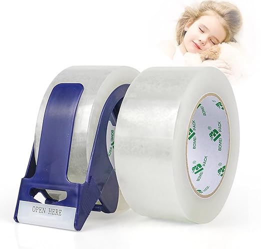 BOMEI PACK 2 Rolls Clear Noiseless Heavy Duty Packing Tape with Blue Dispenser, Packaging Tape 1.88 Inches x 110Yards, 2.4mil Industrial Shipping Tape for Moving Packaging Shipping, Office & Storage