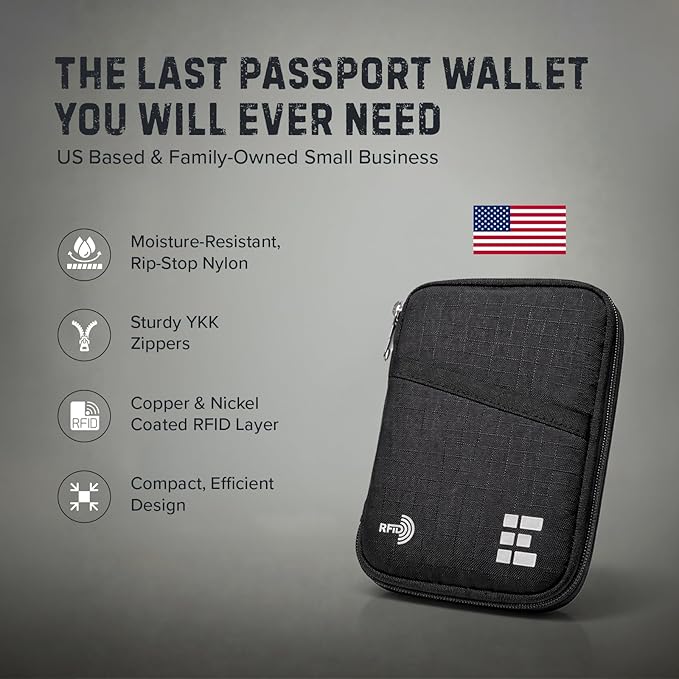 Zero Grid RFID Passport Holder & Travel Wallet, Zippered Wallet for Men & Women, Fits Passport, Cards, Cash, Tickets, ID, Sim Card, AirTag; Premium & Compact Travel Document Holder - Midnight Black