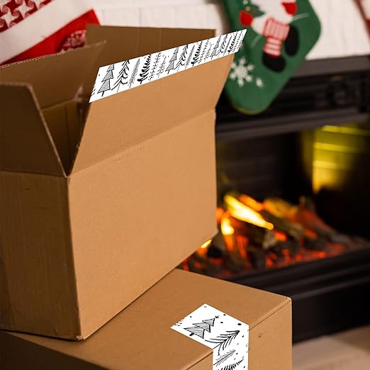 Whaline Christmas Packing Tapes Xmas Tree Printed Tape Waterproof Packing Shipping Tape Decorative White Gift Wrapping Tape for Small Business Gifts DIY Crafts Box Cartons Decor,1.89 in x 109yd