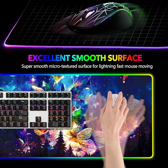AIMSA RGB LED Gaming Mouse Pad, 14 Modes Glow Pad, Extra Large Gaming Mousepad, 35.4 x 15.8 inch Extended Big Waterproof Keyboard Mouse Pad Mat, Colorful Abstract Butterfly