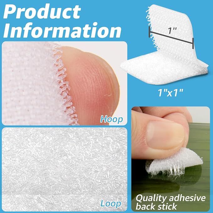 Art3d 48 Sets Hook and Loop Tape, 1"x 1" Sticky Back, Heavy Duty, White | Double-Sided, Adhesive Strip, Nylon, Picture Hanging Strips Fastener for Mounting Hanging, Glass, Tile, Metal, Home, Office