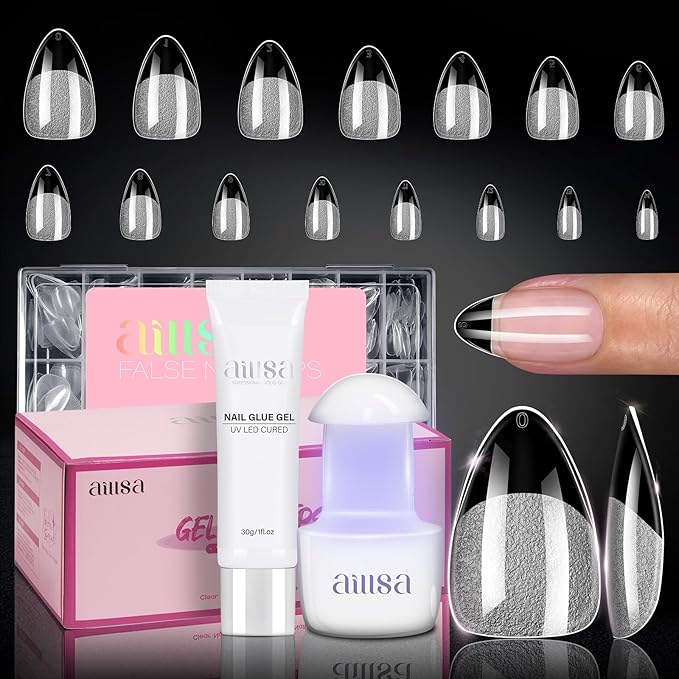AILLSA Gel Nail Extension Kit Short Almond Nail Tips 120pcs, Solid Gel Nail Glue with U V Lamp for DIY