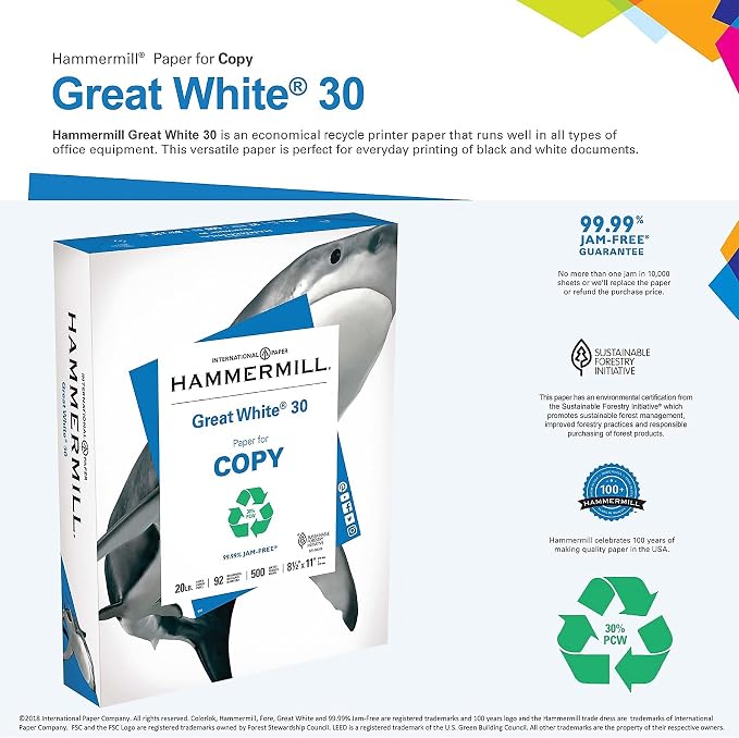 Hammermill Printer Paper, Great White 30% Recycled Paper, 3 Hole - 92 Bright, Made in the USA, 086702-1 Ream (500 Sheets)