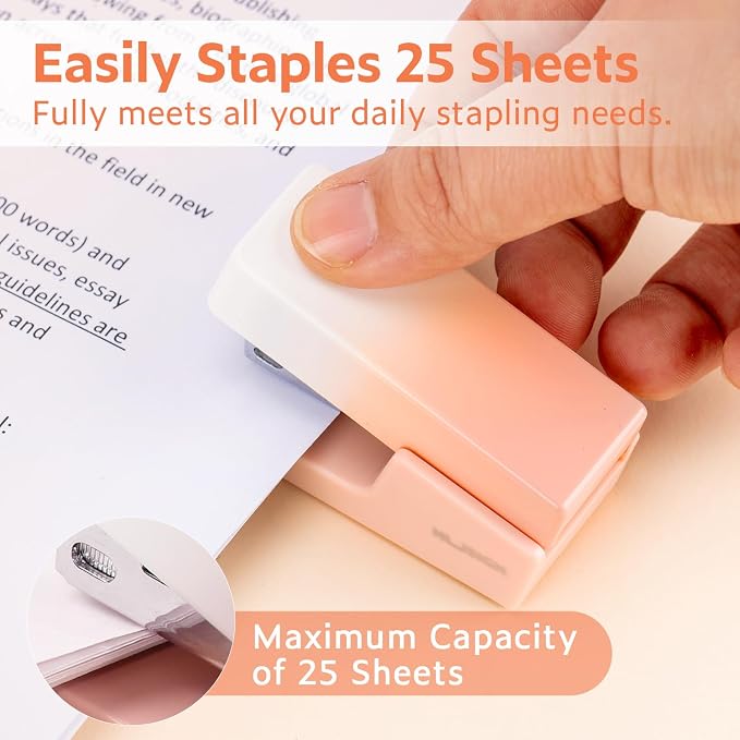 NUSIGN Mini Stapler with 830 Staples, Small Cute Desk Staplers, 25 Sheet Capacity, Pink-White Gradient