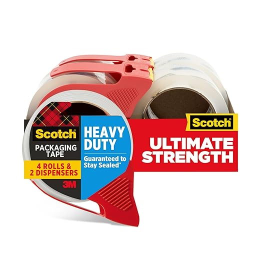 3M Scotch Heavy Duty Shipping Packaging Tape – 1.88 in x 54.6 yds, Clear – 4 Rolls with 2 Dispensers – Strong Seal for All Box Types
