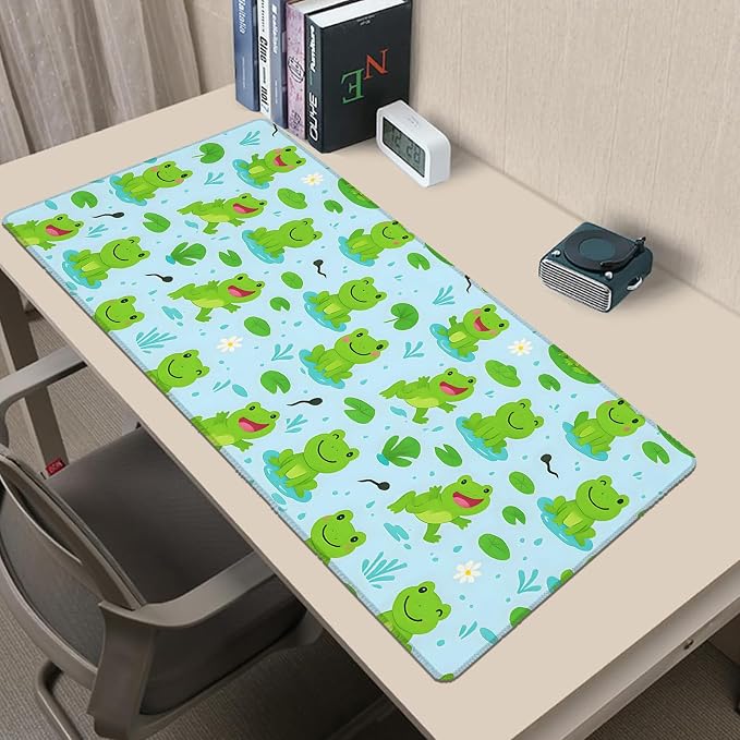 Cute Frog Blue Extended Mouse Pad 31.5x11.8in, Lily Pad Pond Pattern Large Desk Mat with Non-Slip Rubber Base, Big Mousepad for Laptop Computer PC, Gaming Office Home Decor, Deskmat Gifts