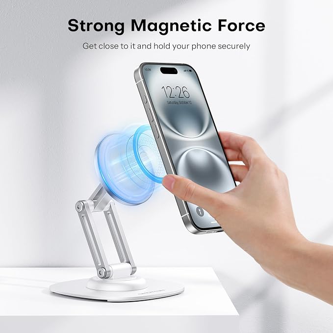 OMOTON MS04 [360° Rotating] Adjustable Magnetic Phone Stand for Desk, White | Foldable Aluminum for MagSafe Cell Phone Stand Holder with Non-Slip Base, for iPhone 17/16/15/14 Pro Max Air/MagSafe Case