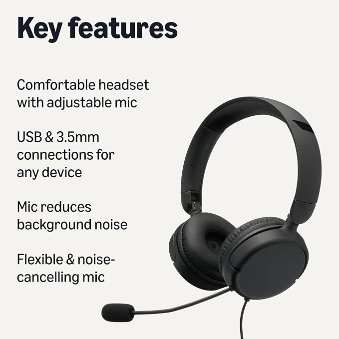 Amazon Basics On Ear Wired Computer Headset with Adjustable Microphone, 3.5mm Port or in-Line Control with USB-A Port, Foldable, Clear Sound, Small/Medium Size, Black