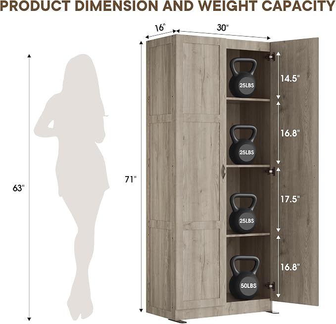 DUMOS Tall Storage Cabinet with Doors and Shelves, Kitchen Pantry Cabinet | 71'' Wood Storage Freestanding Wooden Cabinets for Bedroom, Pantry, Home Office, Dining Room & Living Room, Grey